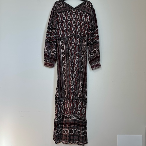 NEW Frye Boho Cottage brown paisley V-neck long sleeve pleated retro maxi dress - Picture 4 of 16